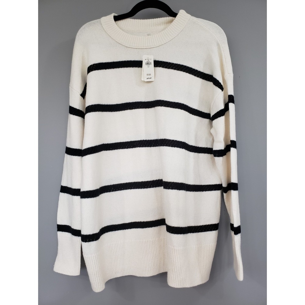 NEW aerie Cream and Black Striped Crewneck Sweater LOUNGE OVERSIZED